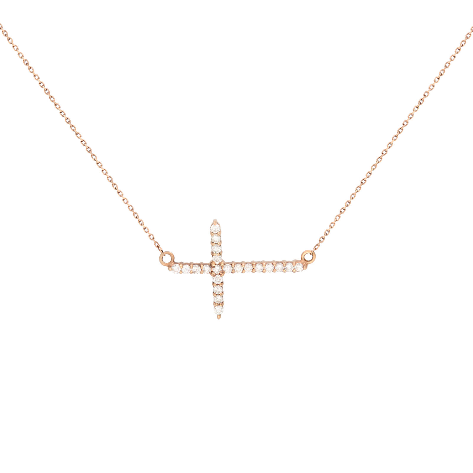 True 14K Rose Gold Diamond Ladies Side-Way Cross Necklace 0.28cttw