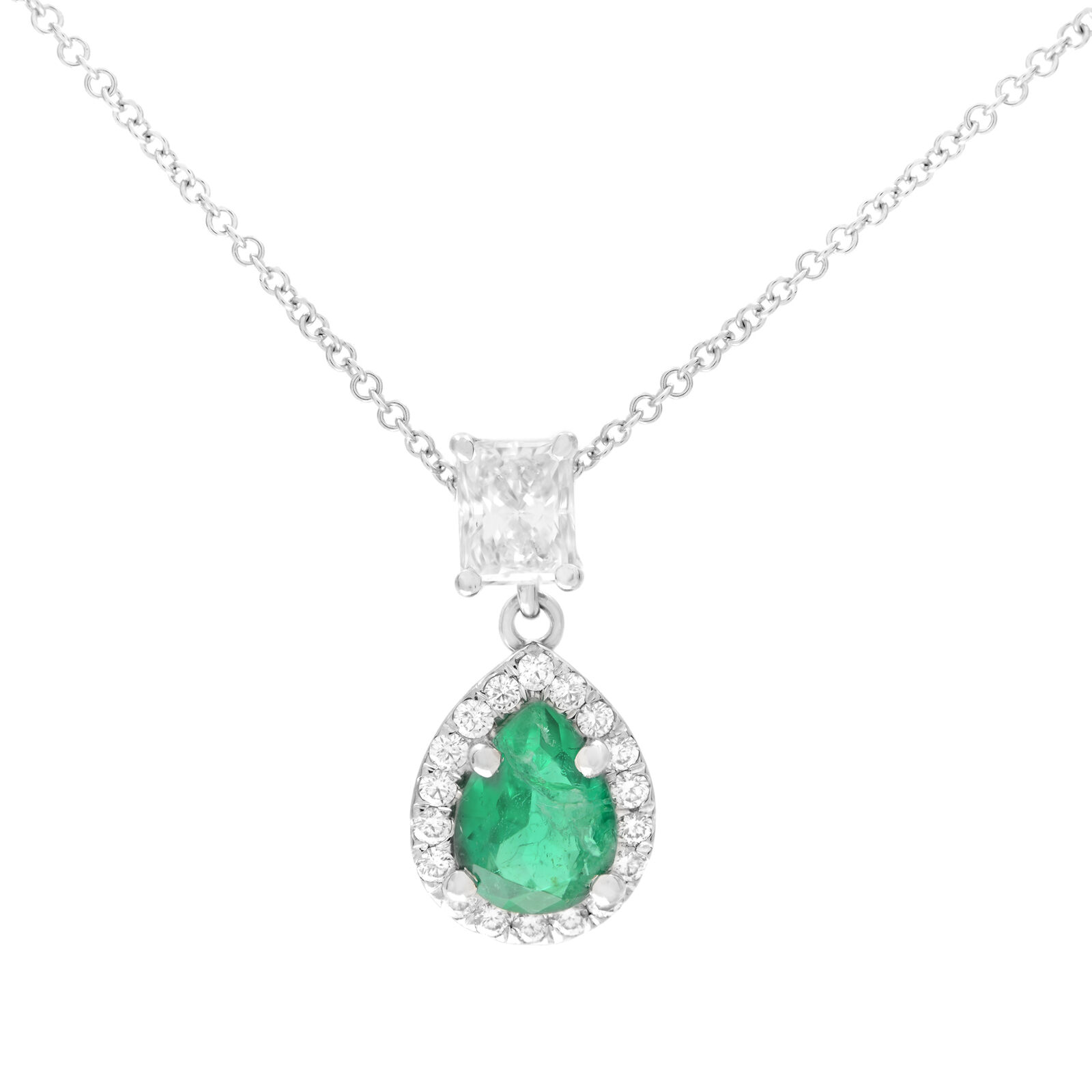 True 18k White Gold Pear Shape Green Emerald  Diamond Pendant Necklace