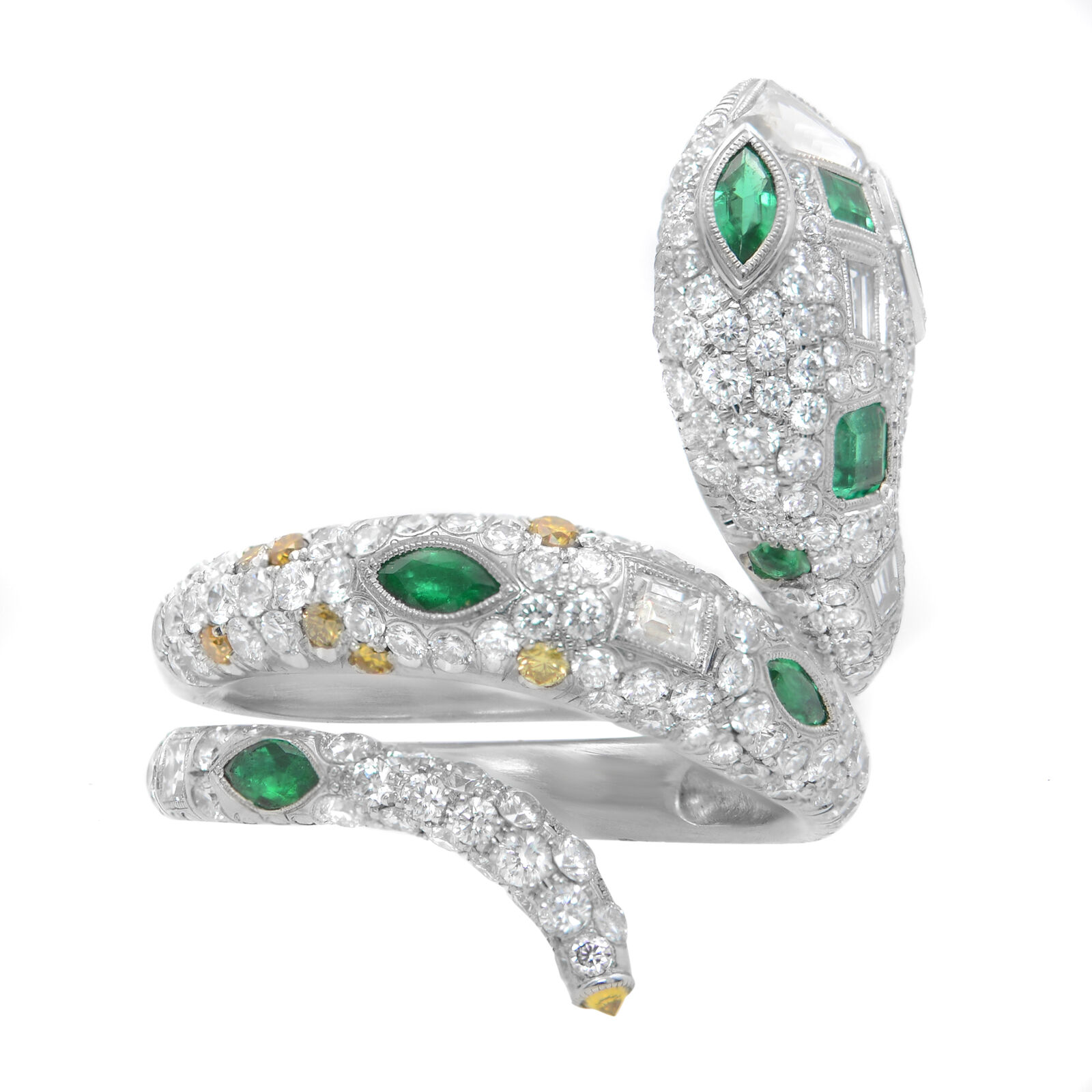 True Platinum Green Emerald White  Fancy Color Diamond Snake Ring 4.45cttw SZ 7