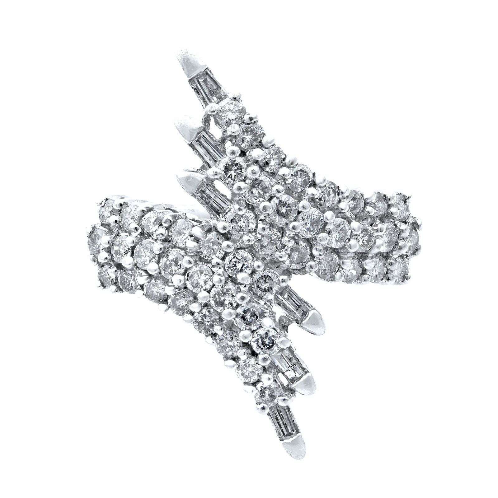 True 14K White Gold Round  Baguette Cut Diamond Ring 1.50Cttw Size 7