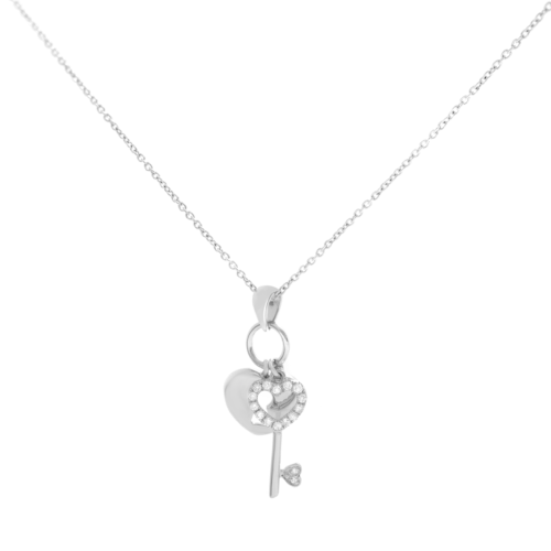 True Natural Diamond Heart Lock  Key Necklace 18k White Gold