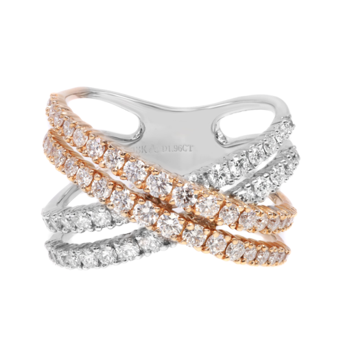 True Natural Diamond Two Tone Crisscross Ring 18K White  Rose Gold 1.96Cttw Size 7