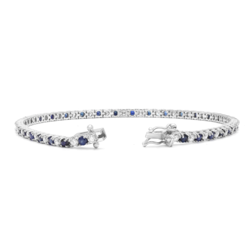 True Genuine Blue Sapphire And Diamond Tennis Bracelet 14K White Gold 3.40cttw
