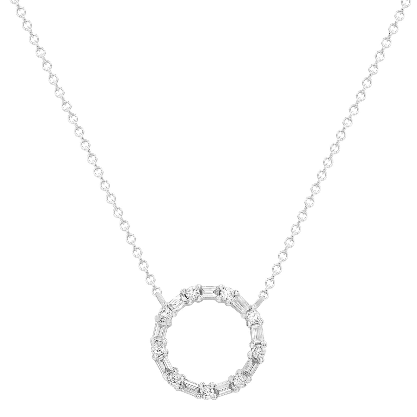 True Baguette and Round Cut Diamond Circle Pendant Necklace