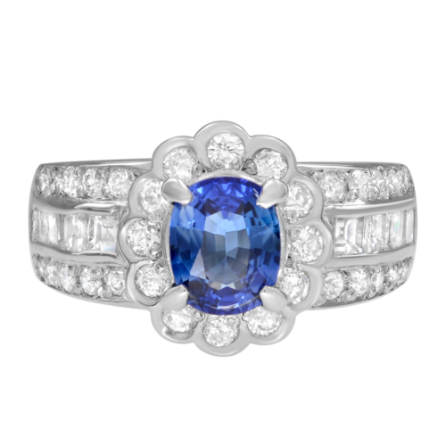 True Oval Blue Sapphire Diamond Halo Cocktail Ring Platinum Size 5.75