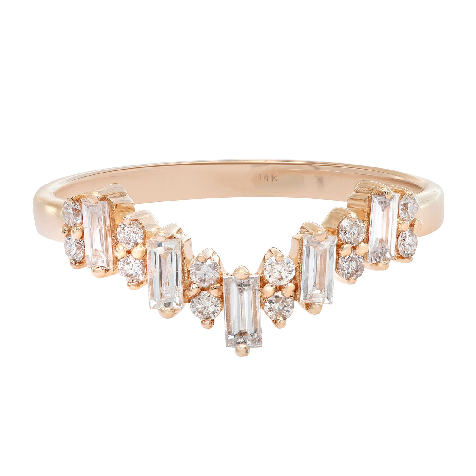 True Baguette Round Cut Diamond V Shape Ring