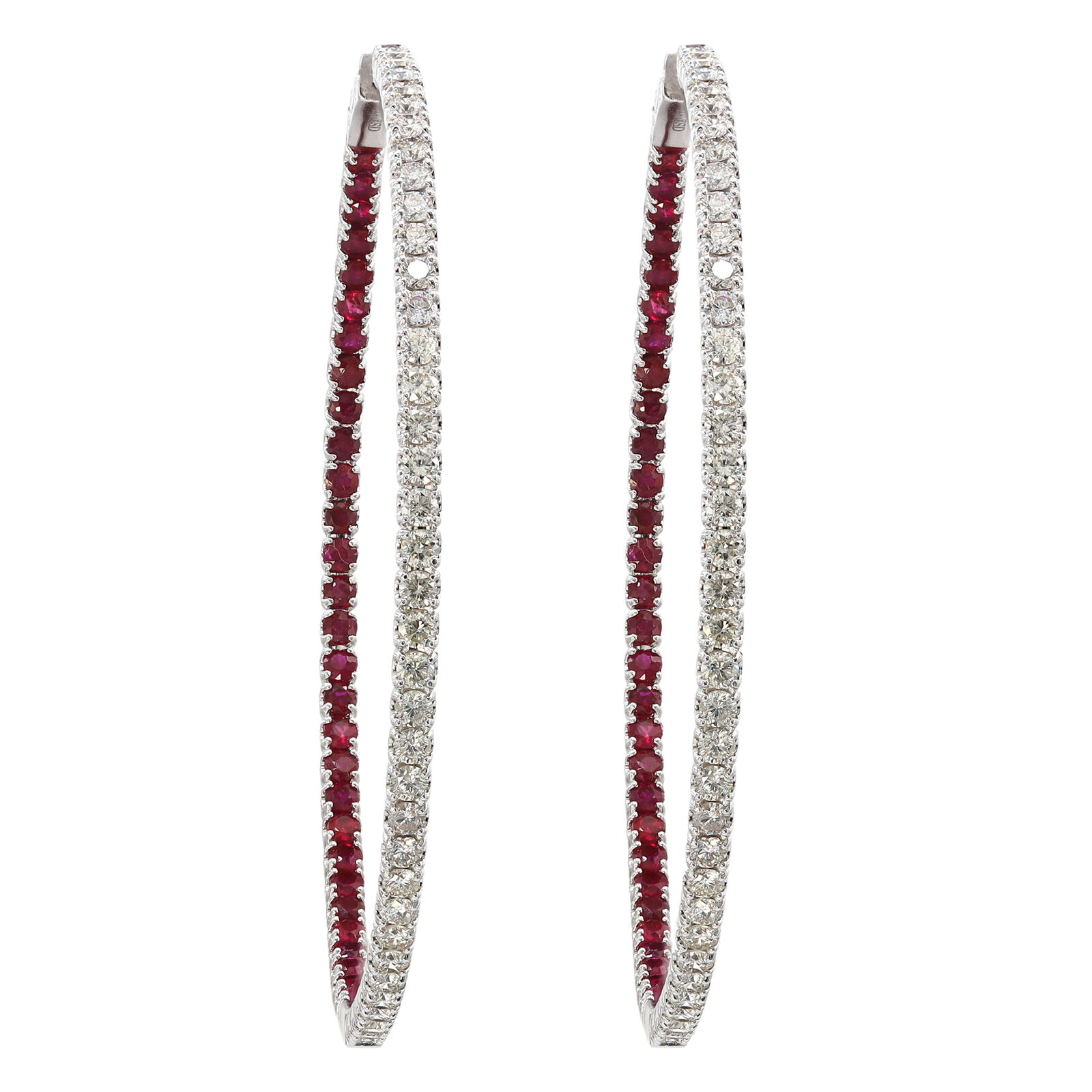 True Inside Out Diamond Red Ruby Large Hoop Earrings 2.30cts 14K White Gold 2 inches