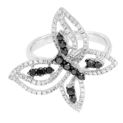 True Black  White Diamond Butterfly Ring 18K White Gold Size 7.25