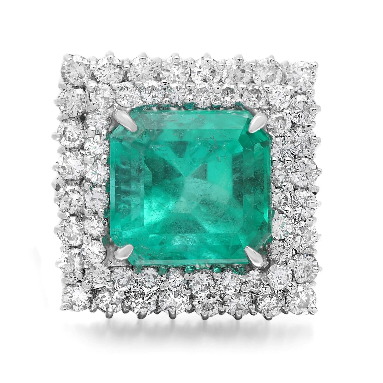 True 7.62Cttw Square Emerald  2.06Cttw Diamond Cocktail Ring 18K White Gold Size 7