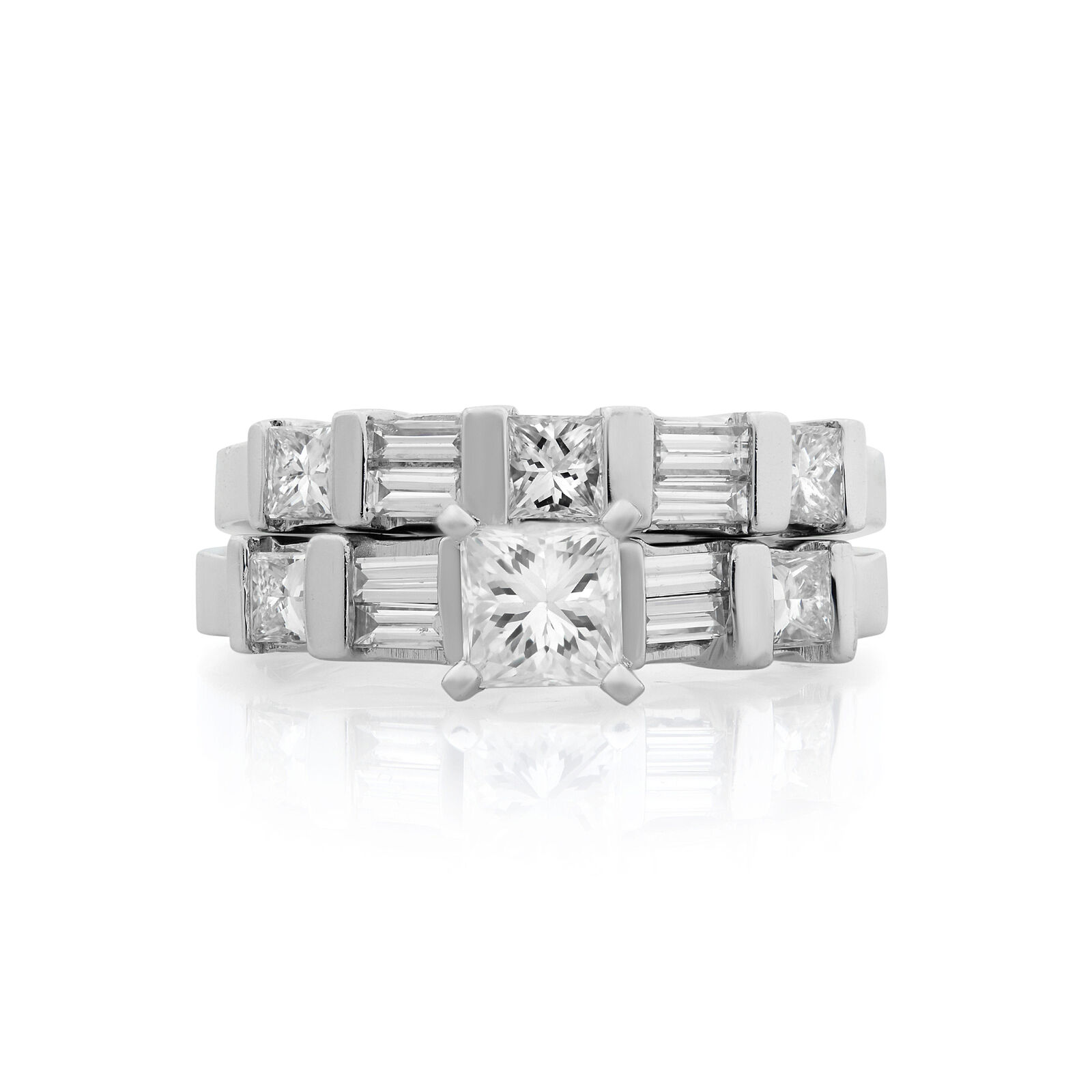 True 1.25Cttw Princess  Baguette Cut Diamond Engagement Ring Set 14K White Gold