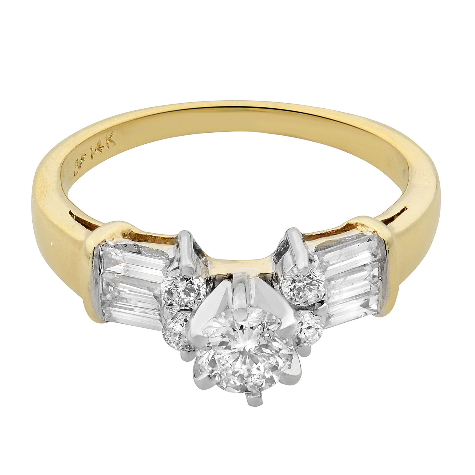 True 1.00Cttw Round  Baguette Cut Diamond Engagement Ring 14K Yellow Gold Size 6.5
