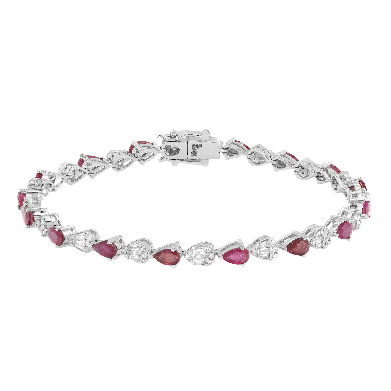 True Pear Shaped Ruby  Diamond Tennis Bracelet 14K White Gold 7 Inches