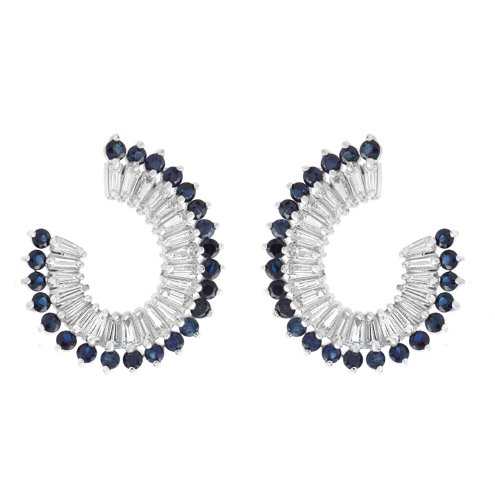 True Blue Sapphire  Diamond Hoop Earrings 14K White Gold