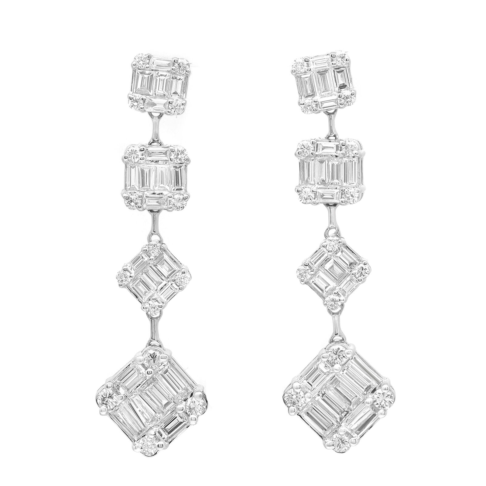 True Baguette And Round Cut Diamond Drop Earrings 18K White Gold
