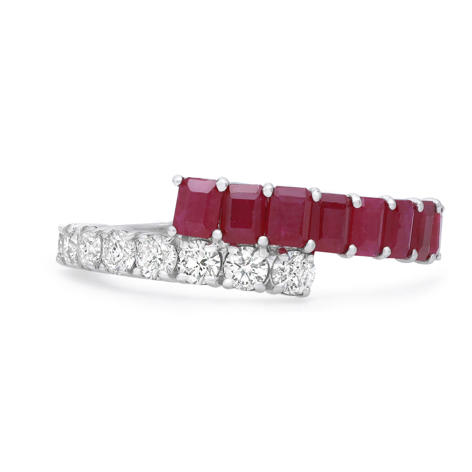 True Emerald Cut Ruby  Round Diamond Ladies Ring 14K White Gold Size 7
