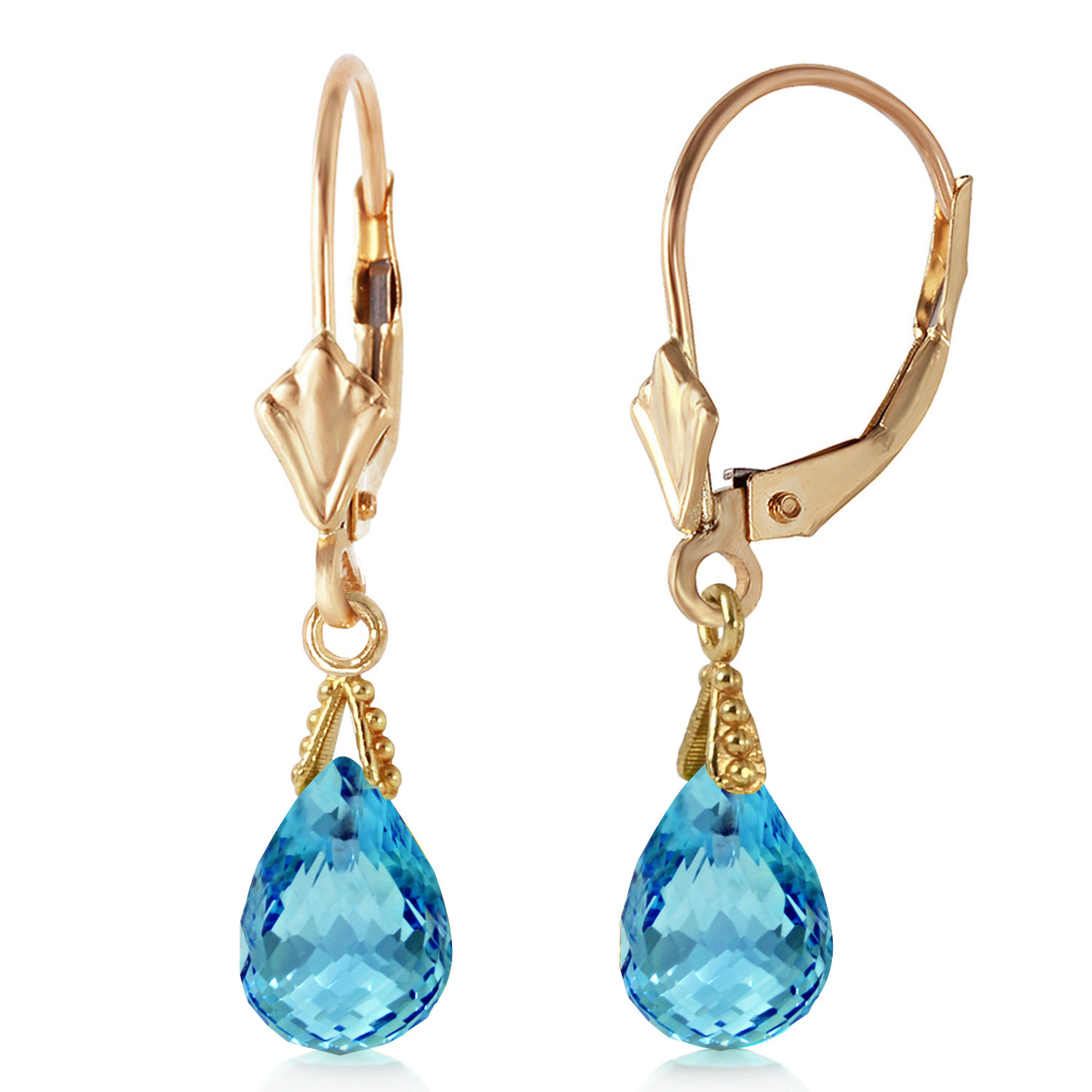 4.5 CTW 14K Solid Gold Leverback Earrings Briolette Blue Topaz