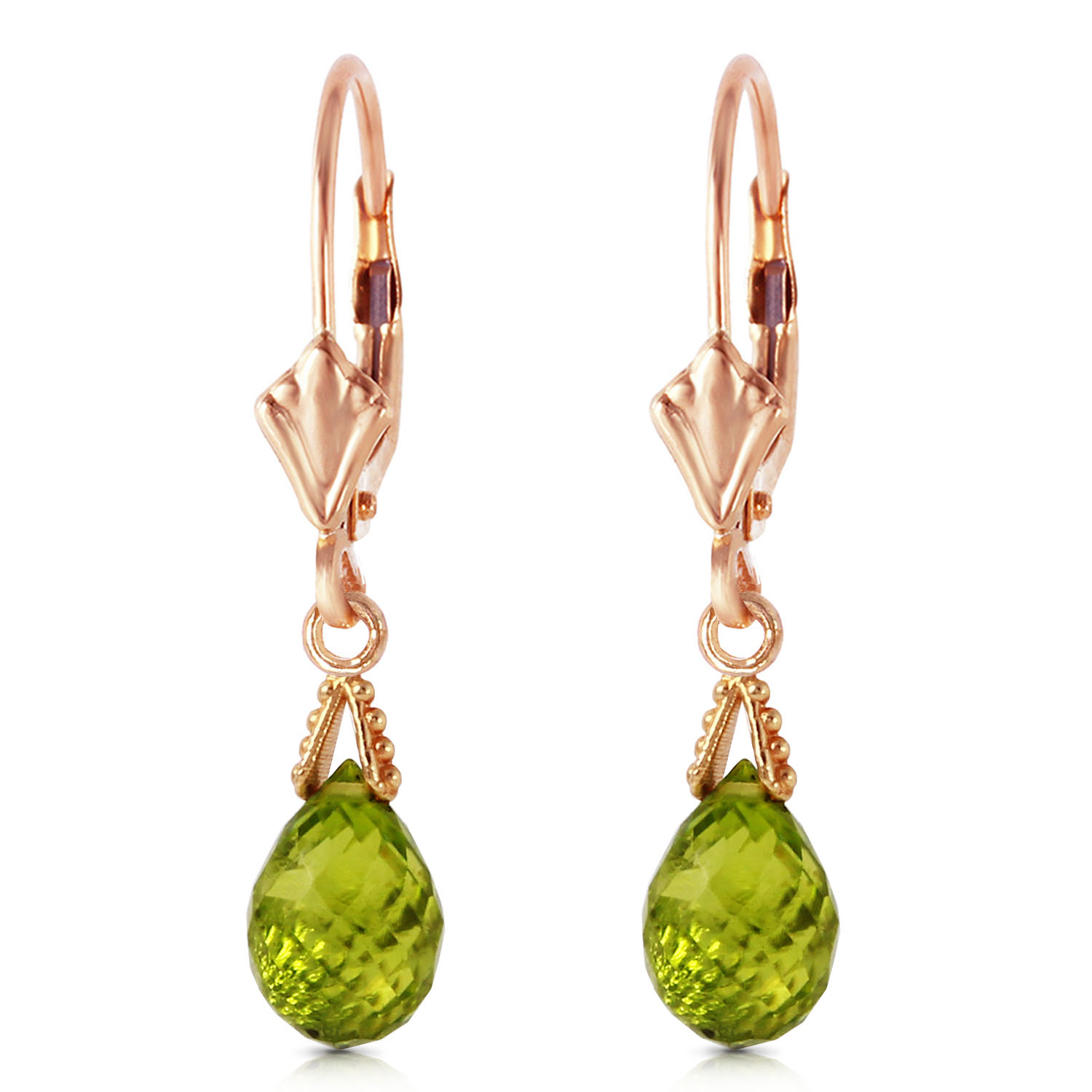 4.5 CTW 14K Solid Rose Gold Leverback Earrings Briolette Peridot