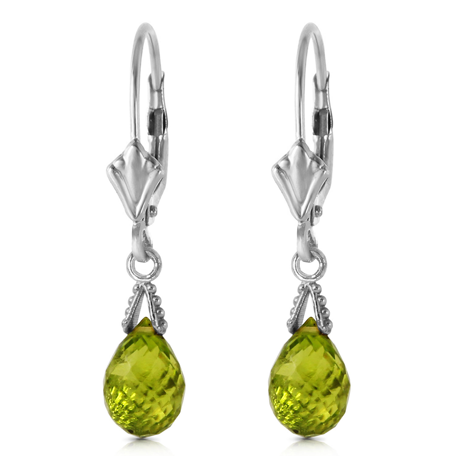 4.5 CTW 14K Solid White Gold Leverback Earrings Briolette Peridot