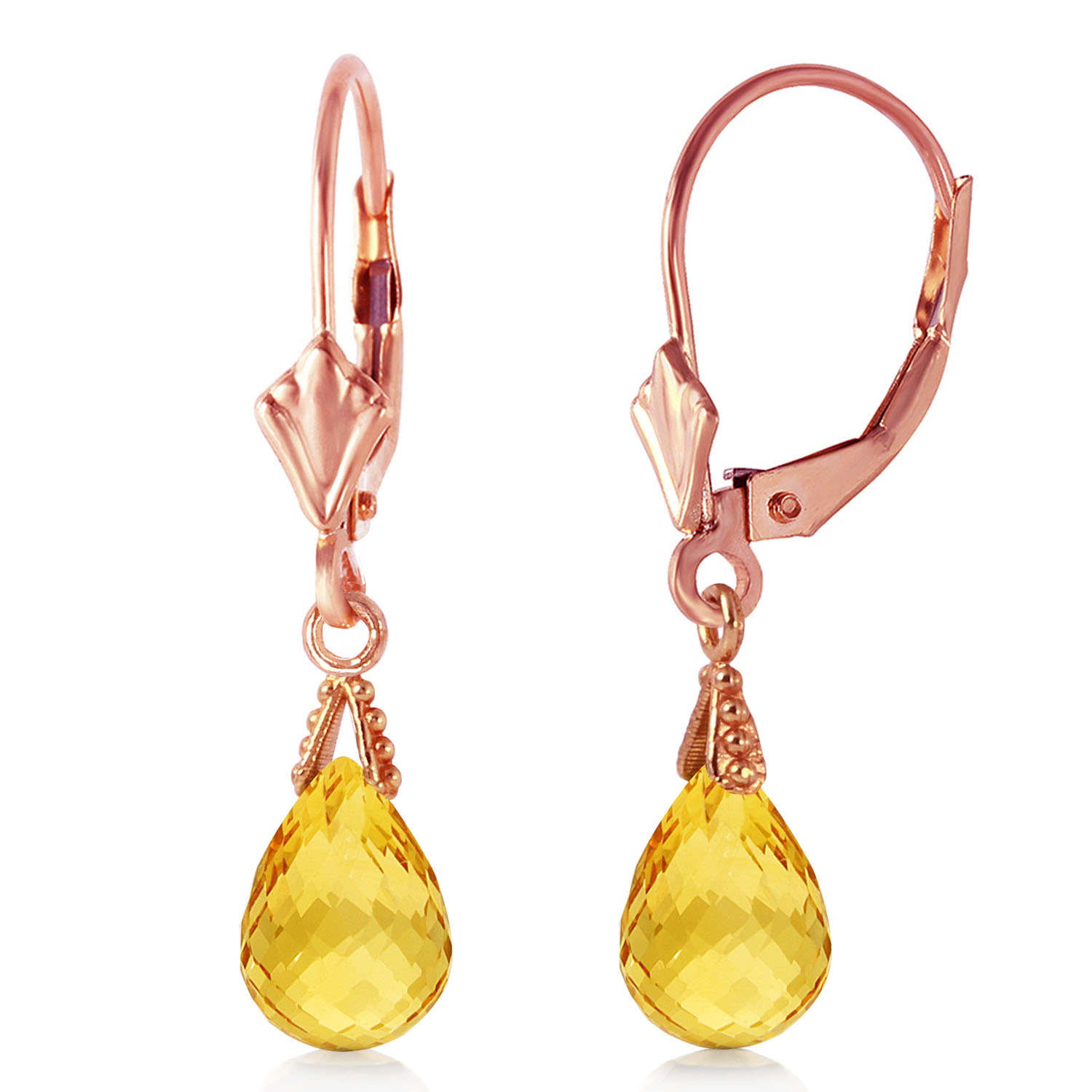 2.5 CTW 14K Solid Rose Gold Leverback Earrings Briolette Citrine