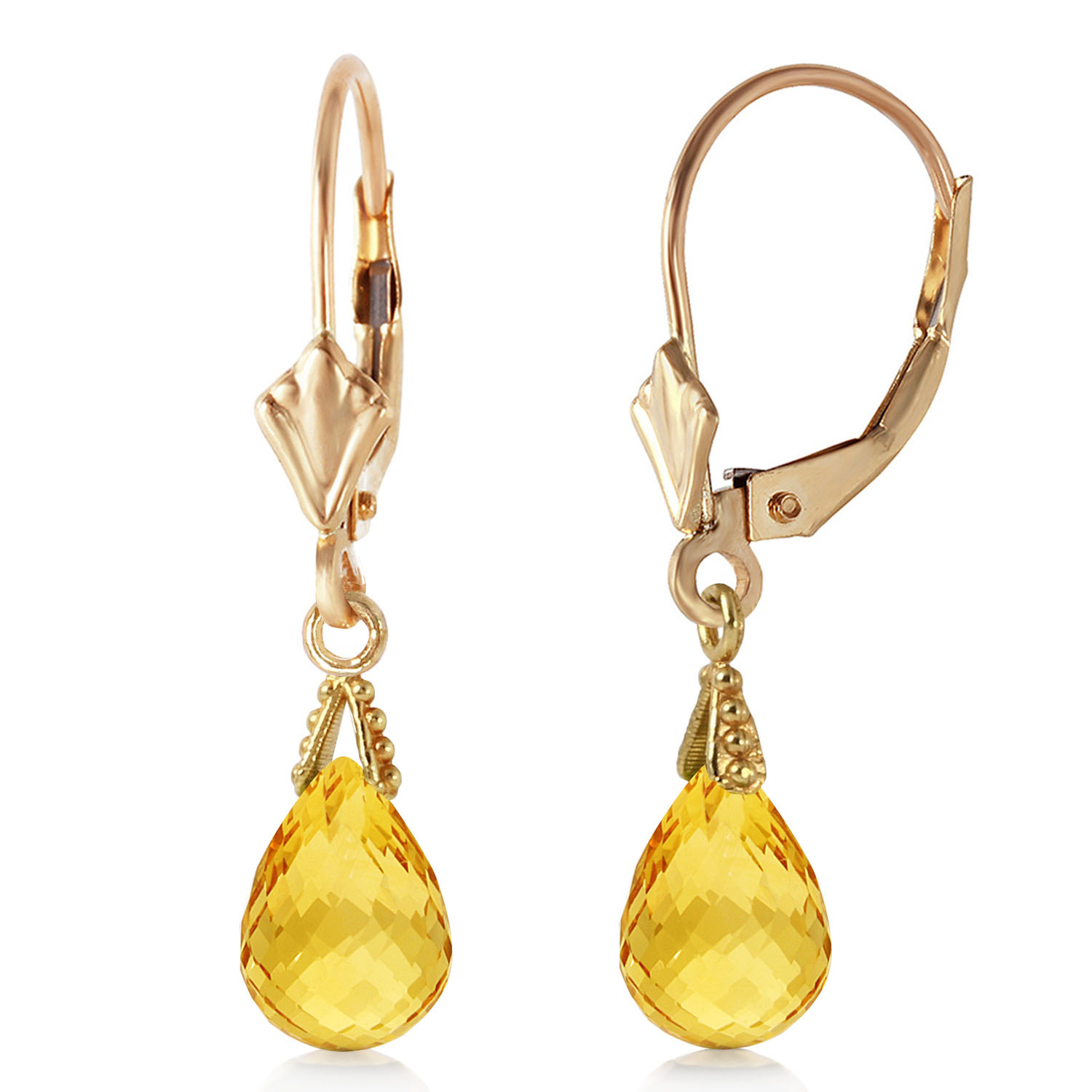 2.5 CTW 14K Solid Gold Leverback Earrings Briolette Citrine