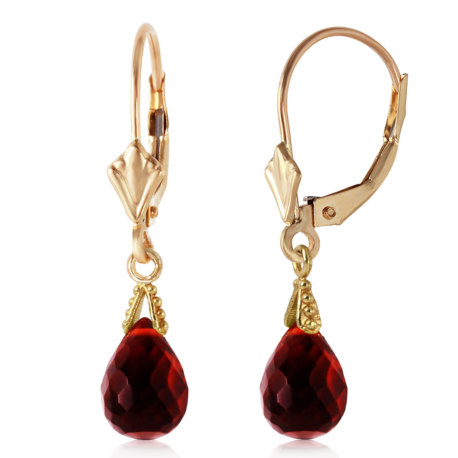 4.5 CTW 14K Solid Gold Leverback Earrings Briolette Garnet