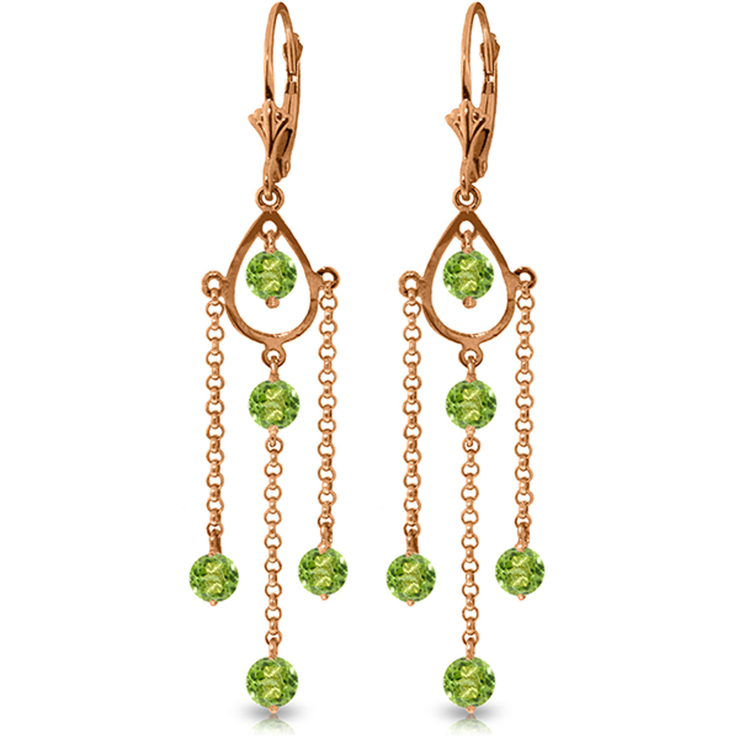 14K Solid Rose Gold Chandelier Earrings with Natural Peridots
