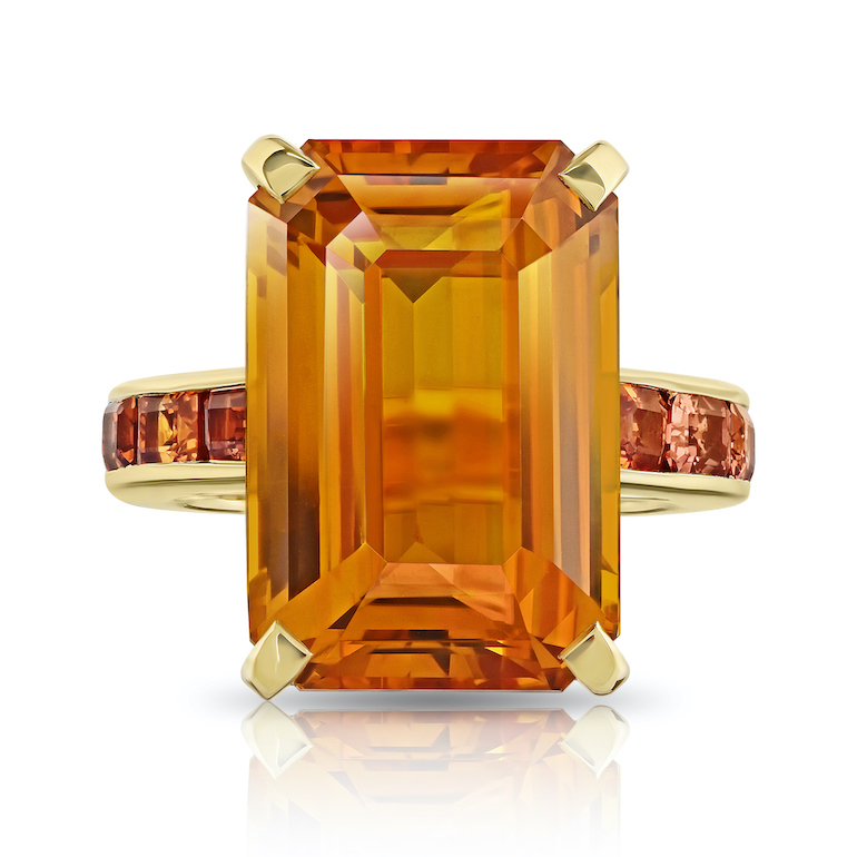 David Gross Emerald Orange Sapphire and Platinum Ring