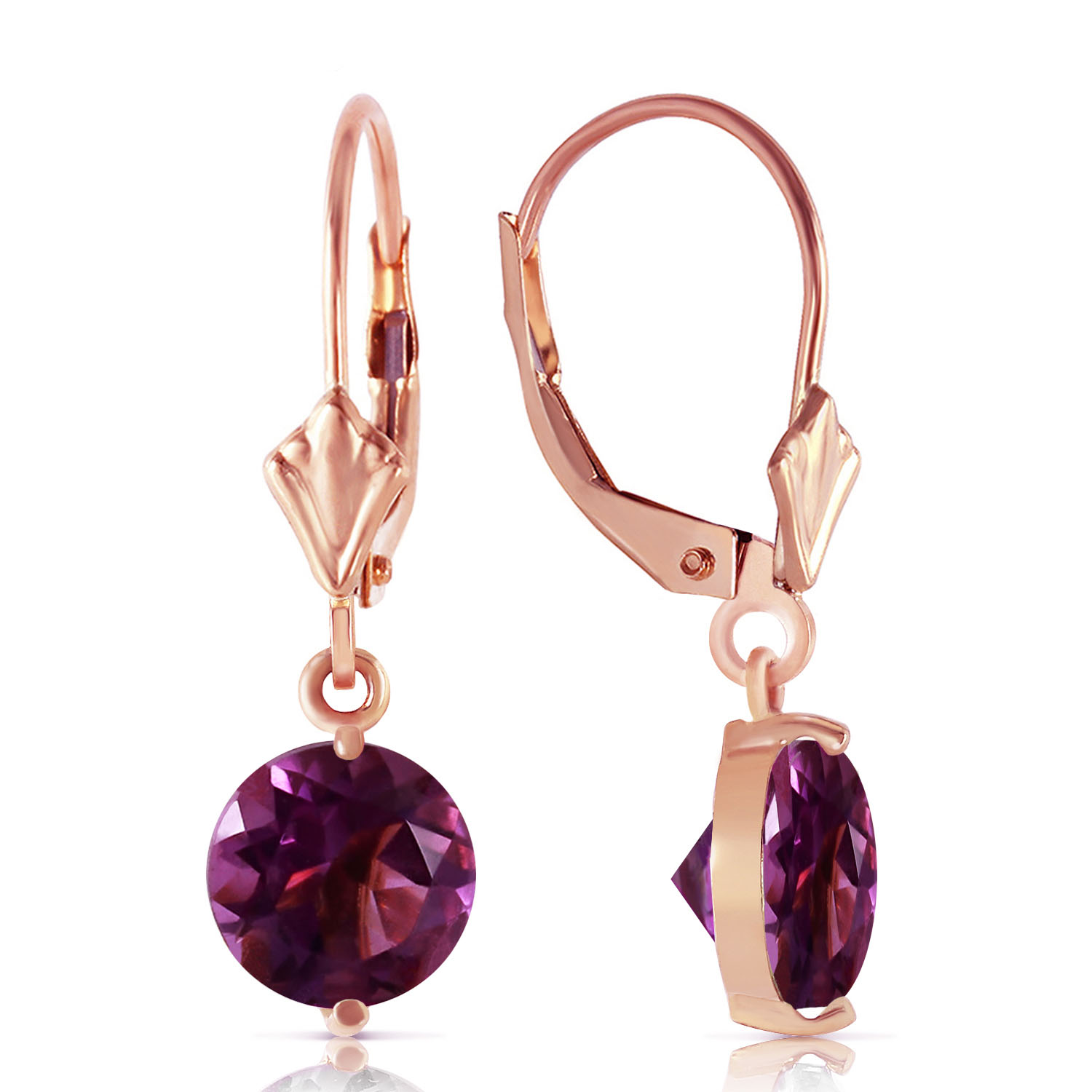 3.1 CTW 14K Solid Rose Gold Round Amethyst Leverback Earrings