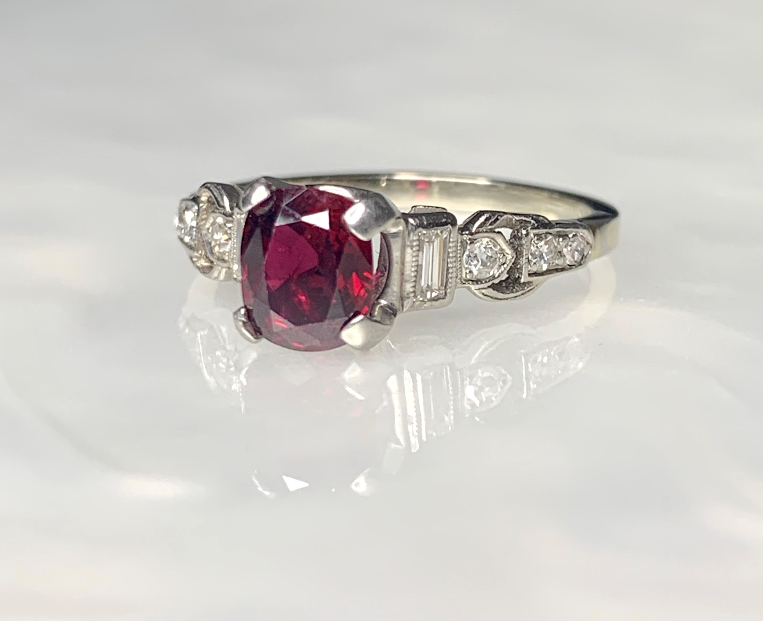 14K White Gold Cushion Cut Ruby Engagement Diamond Ring