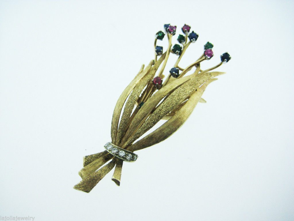 Fine Estate 14K Yellow Gold Flower Brooch Pin Diamond Ruby Sapphire Emerald