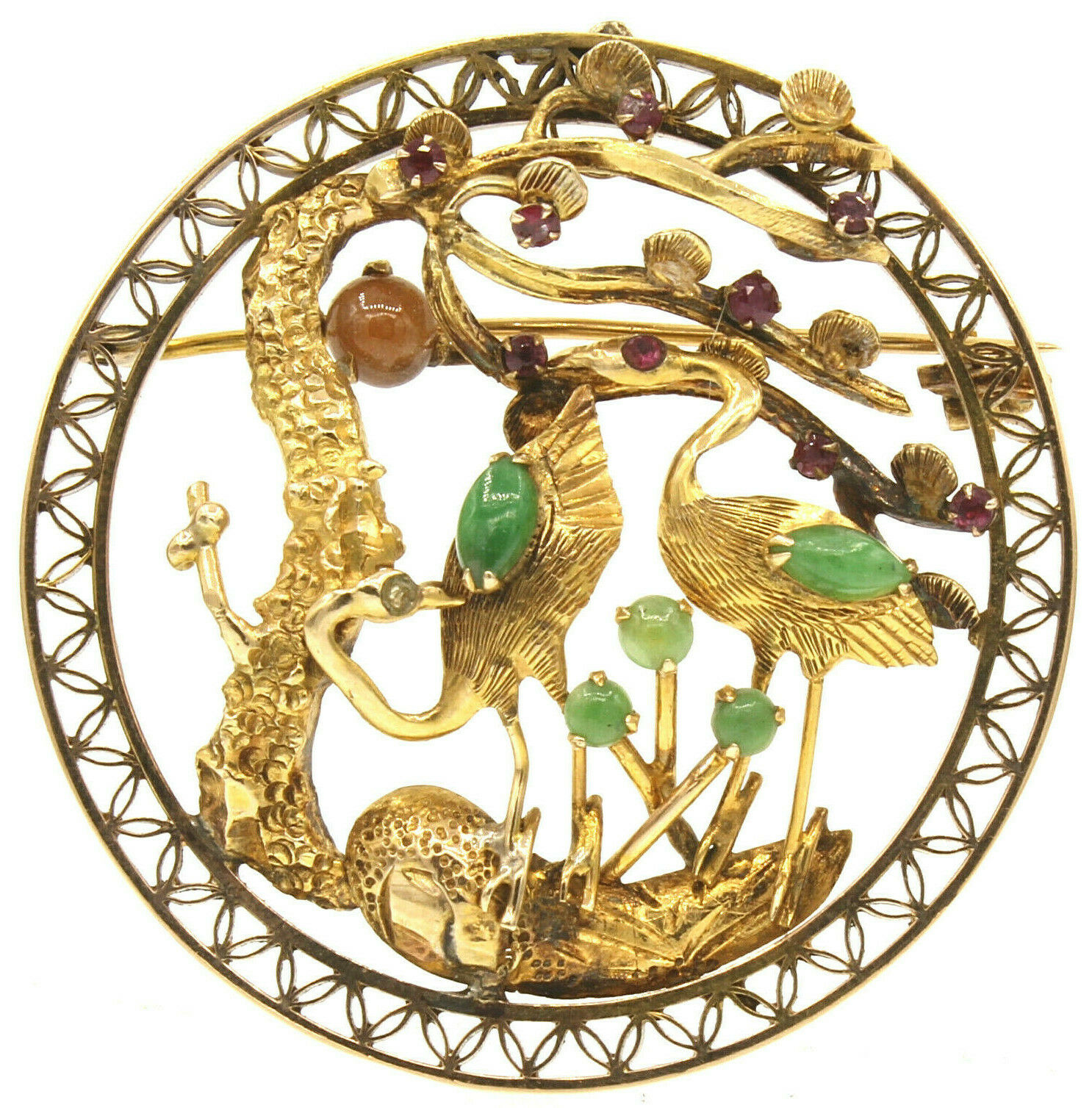 14K Yellow Gold  Round Stork Jade Ruby Pendant Brooch Pin