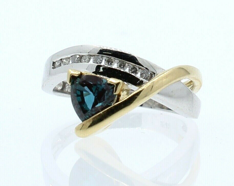 14K MULTI TONE GOLD BLUE TOPAZ DIAMOND FREE FORM LADIES RING SIZE 6.5