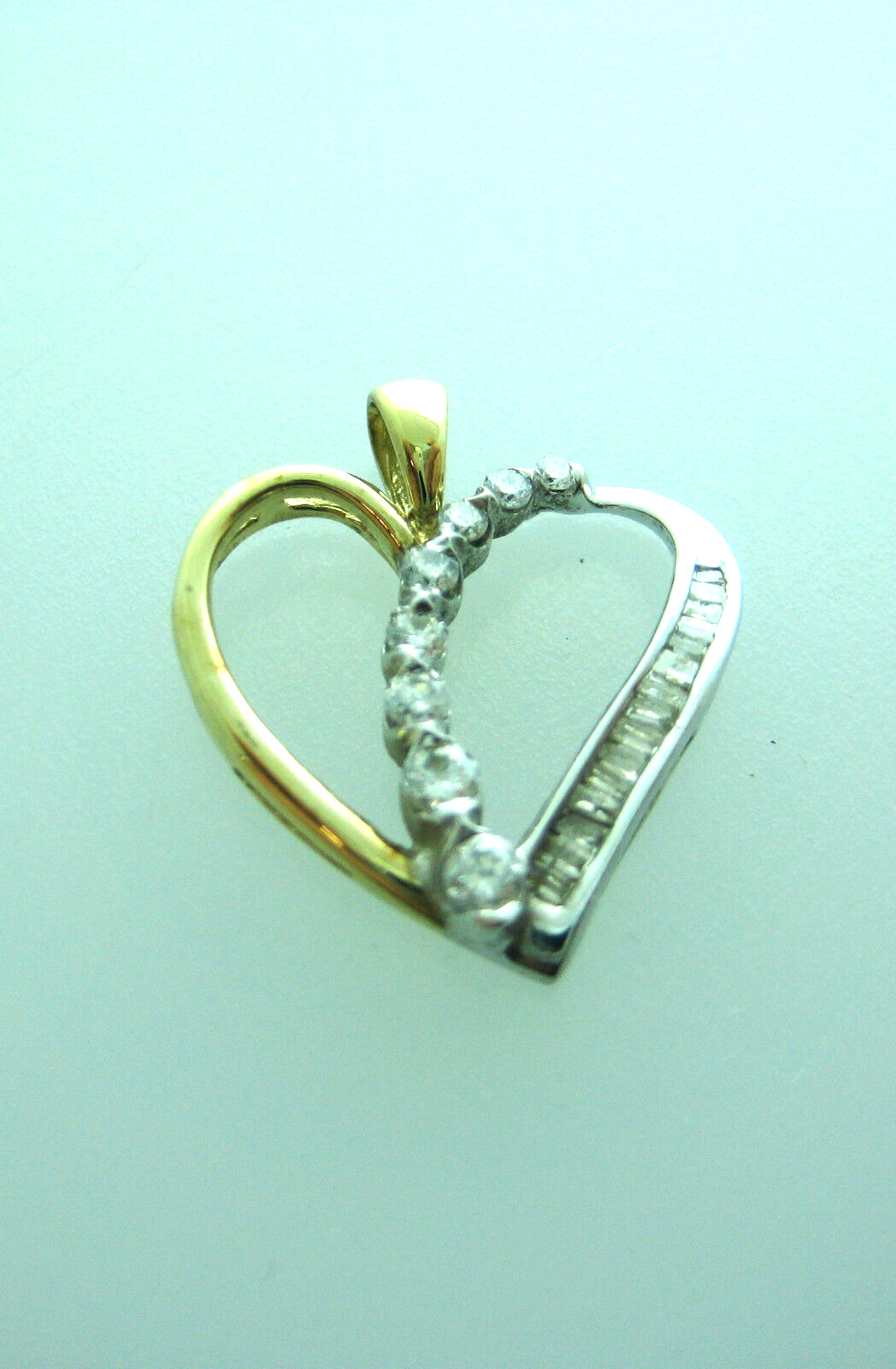 10K MULTI TONE GOLD HEART BAGUETTE DIAMONDS PENDANT CHARM NECKLACE LOVE