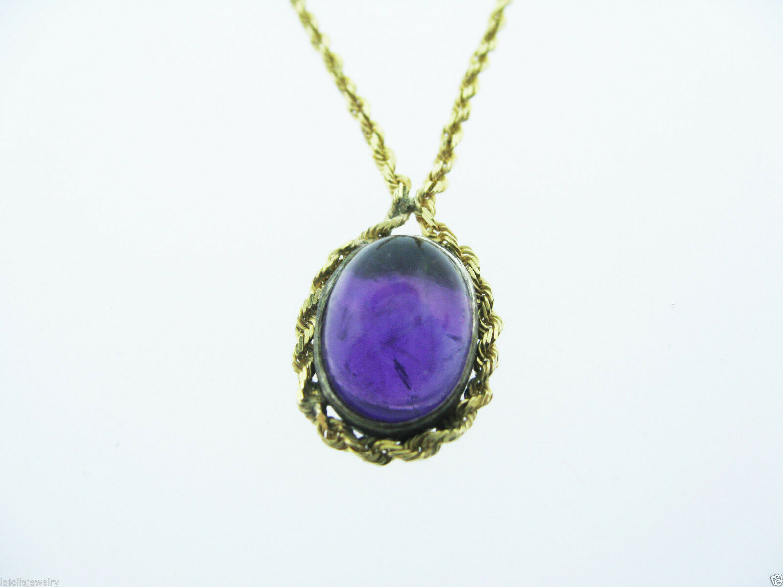 Fine 14K Yellow Gold Amethyst Pendant Rope Necklace Chain