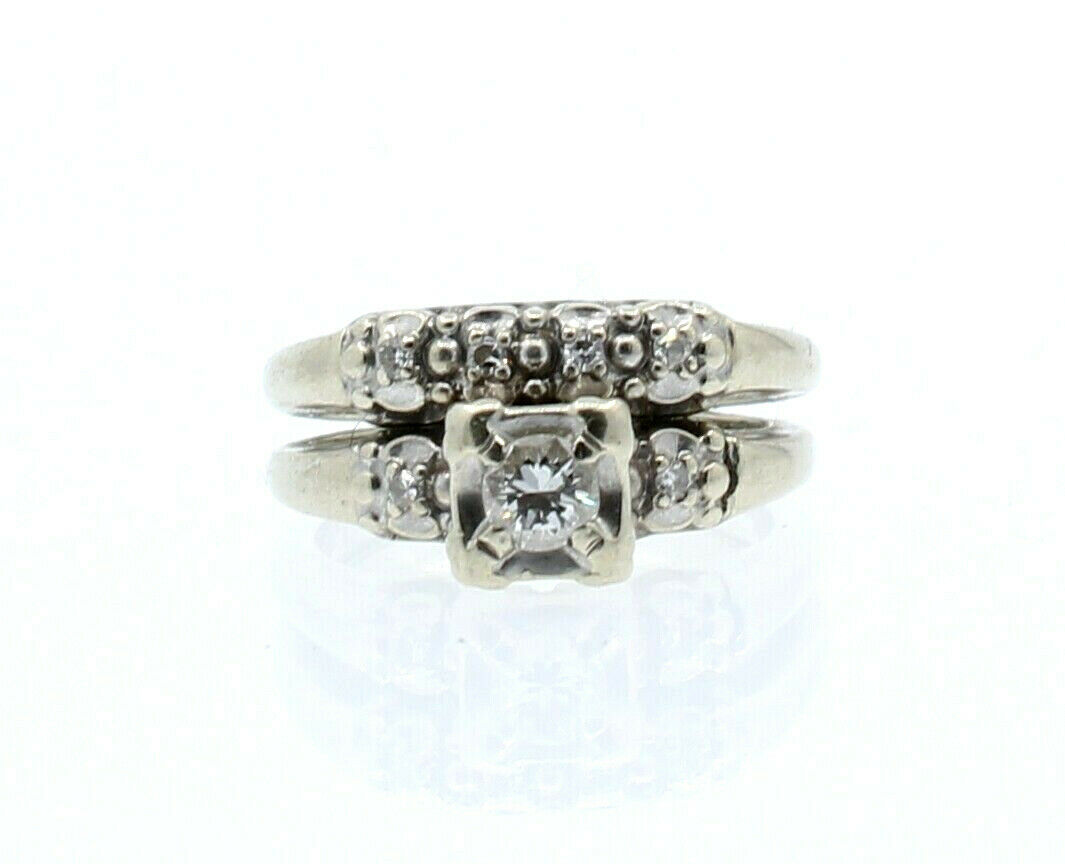 14k White Gold .26ct Round Diamonds Double Wedding Ladies Ring Size 4.25