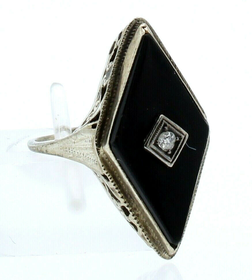 Vintage 14k White Gold Diamond Onyx Round Diamond Ladies Ring Size 4