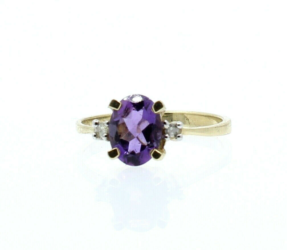 10k Yellow Gold Oval Amethyst Diamond Ladies Ring Size 6