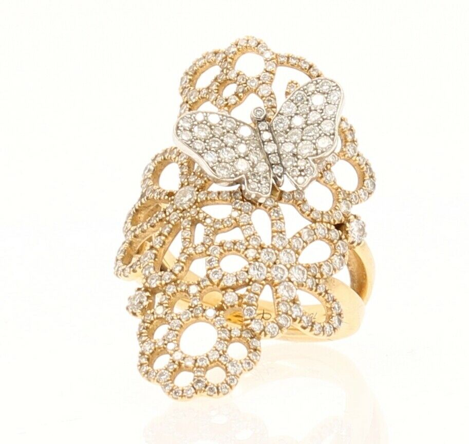 Fine Estate 18k Rose Gold Diamonds Flowers  Butterfly Ladies Ring Size 6.5