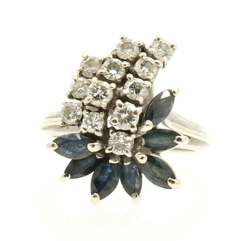 14k White Gold Diamond Sapphire Cocktail Ladies Ring Size 6