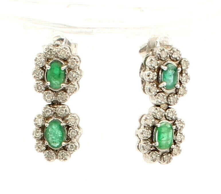 14k White Gold 6ct Diamond Oval Emeralds Necklace Bracelet Earrings Set