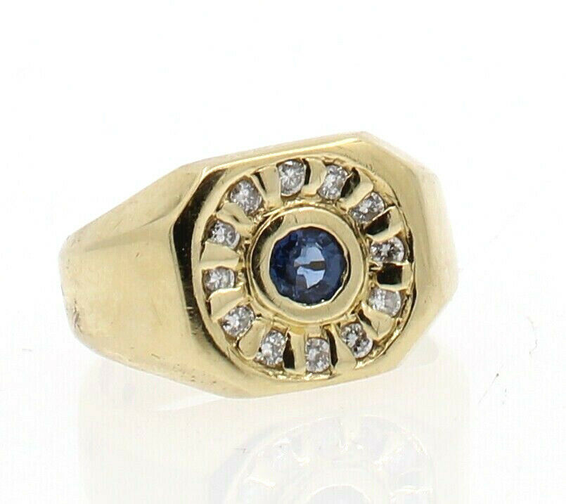 Fine Estate 14k Yellow Gold Diamond Blue Sapphire Men's Ring Size 8.5