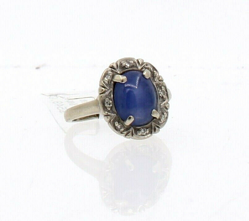 Estate 14K White Gold Oval Star Sapphire Diamond Oval Ladies Ring 3.6g Size 4.5