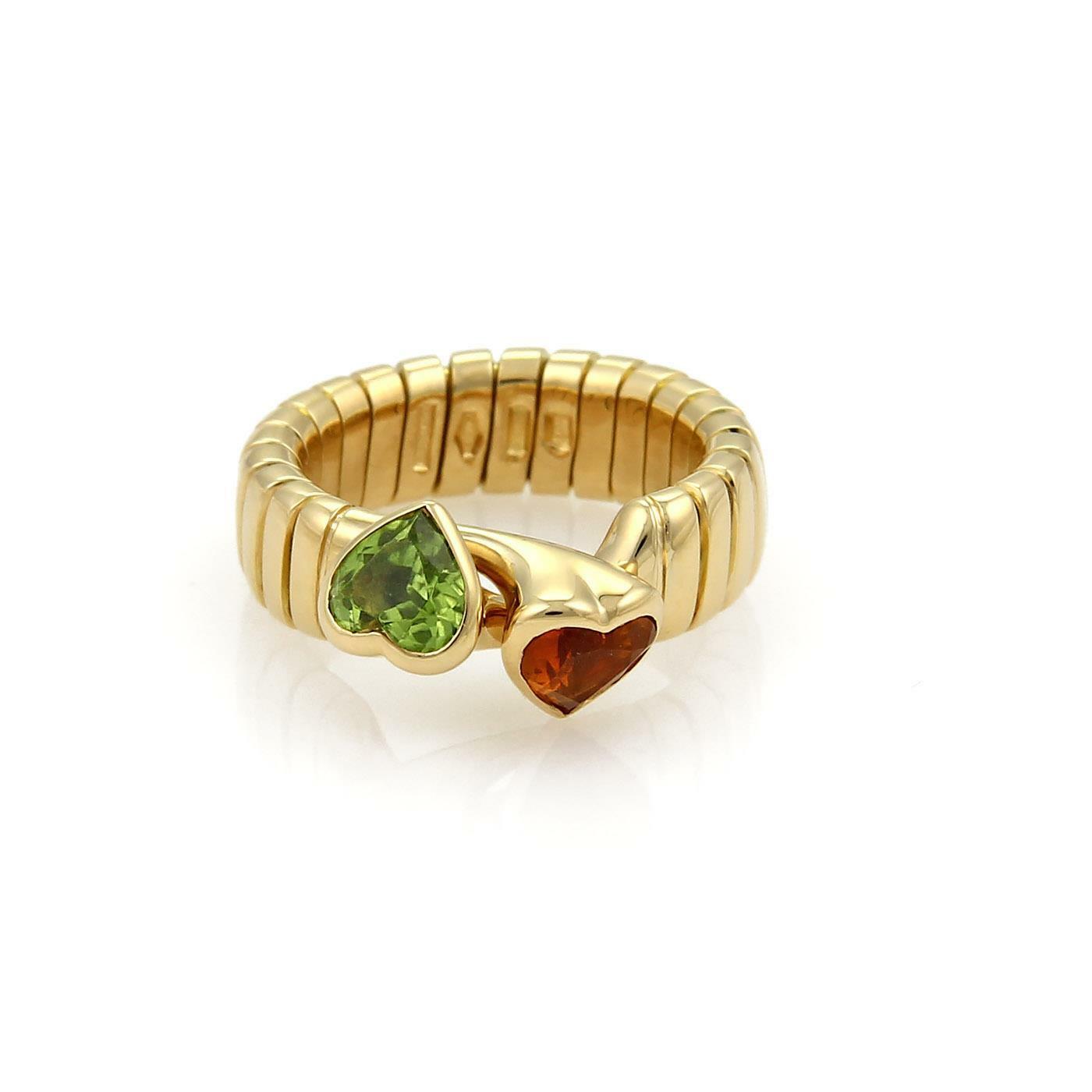 Bvlgari Bulgari 1.50ct Citrine  Peridot Hearts 18k Gold Tubogas Hook Ring