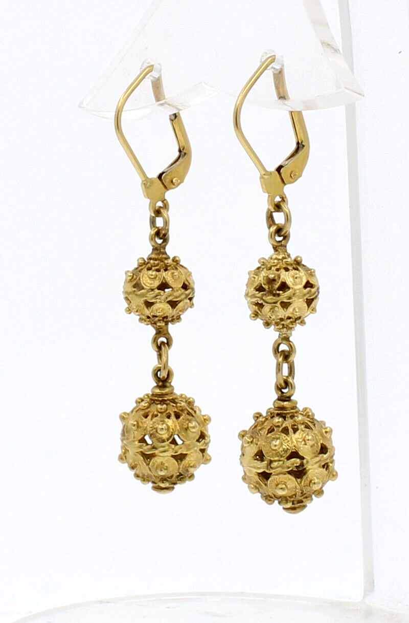 Fine Estate 14k Yellow gold Ornate Ball Shape Dangle 2" Earrings 9.5 Grams