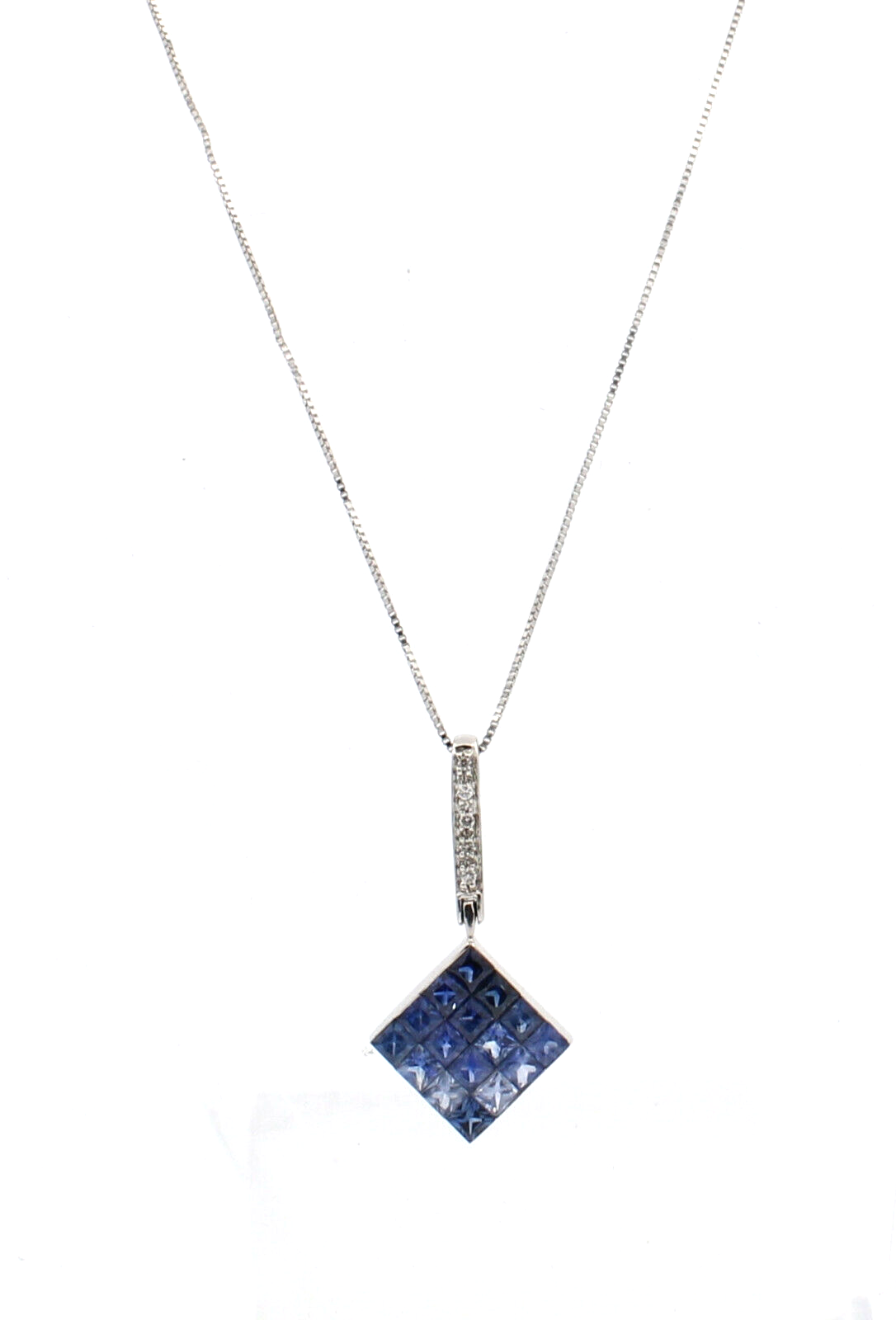 FINE ESTATE 14K WHITE GOLD BLUE STONE DIAMOND SQUARE PENDANT NECKLACE