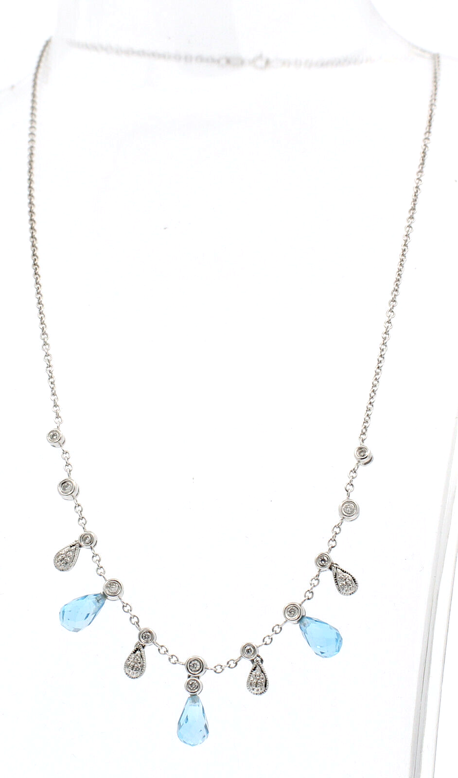 Fine Estate 18k White Gold Blue Topaz Diamond Pendant 16" Necklace 7 Grams