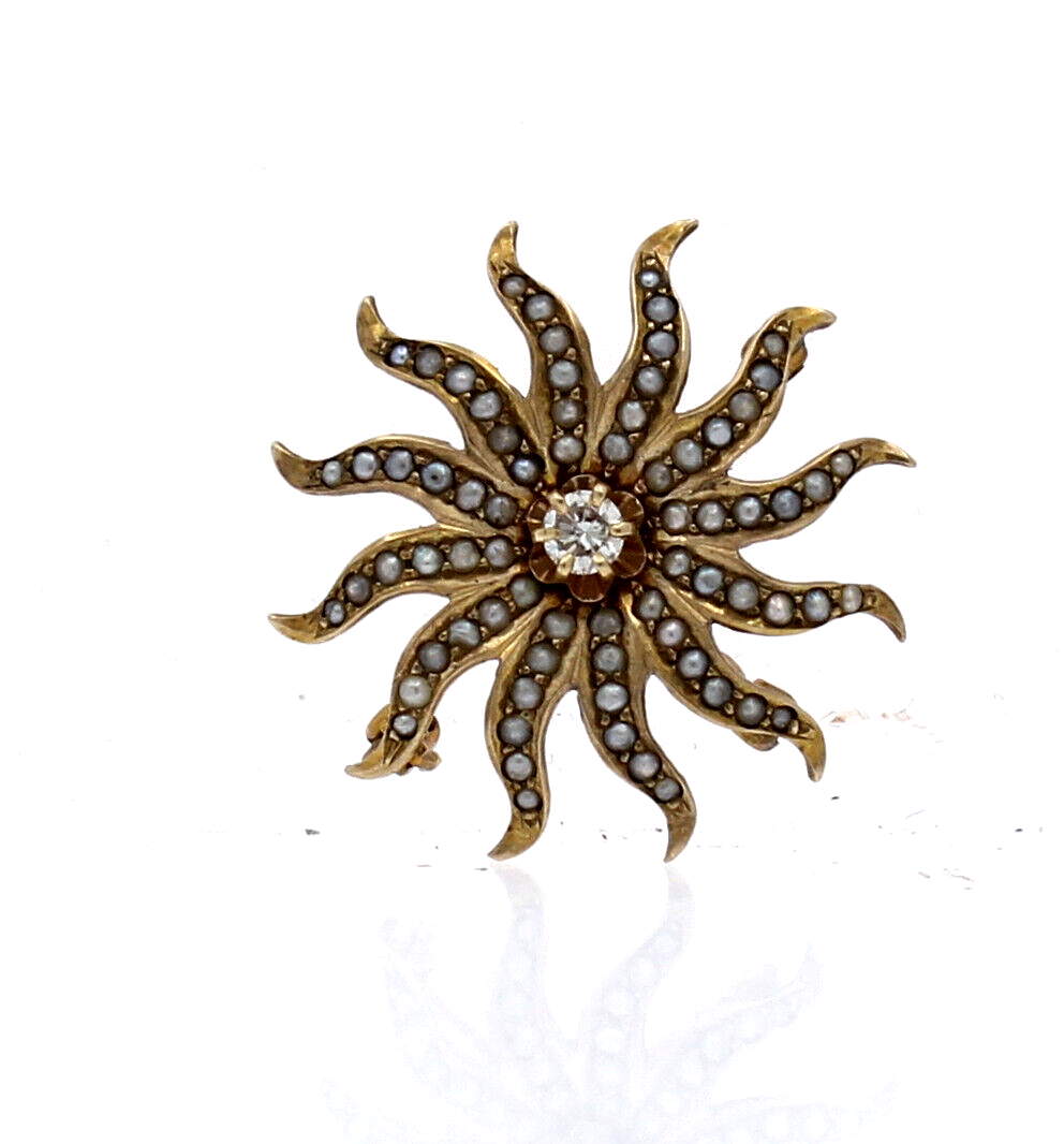 Antique 10k Yellow Gold Sun Burst Seed pearl Diamond Pendant Brooch