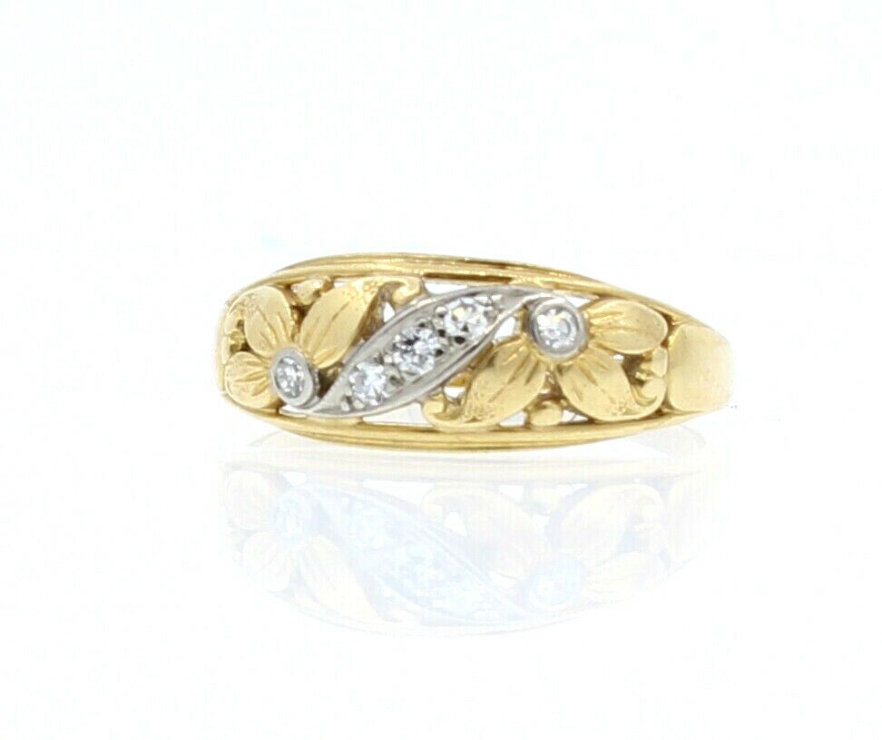 18K YELLOW GOLD FLOWER DESIGN 5 DIAMONDS LADIES RING SIZE 9.25