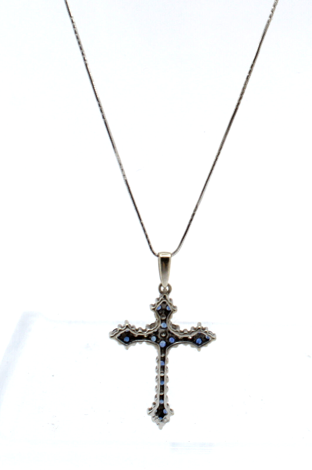 Fine Estate White Gold Diamond Sapphire Cross Pendant 18" Necklace