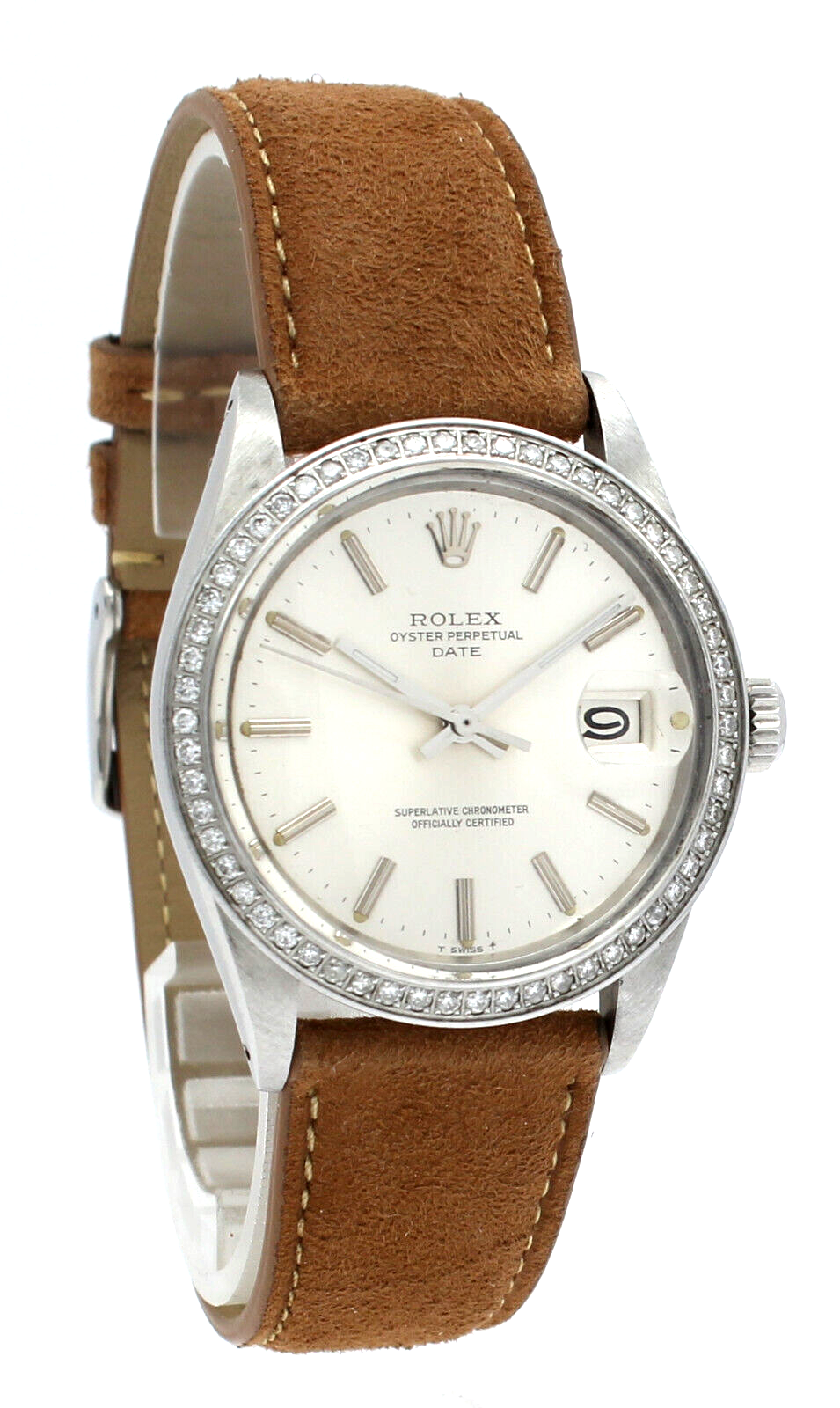 Mens Vintage Rolex Oyster Perpetual Date Steel Silver Dial   Diamond Watch